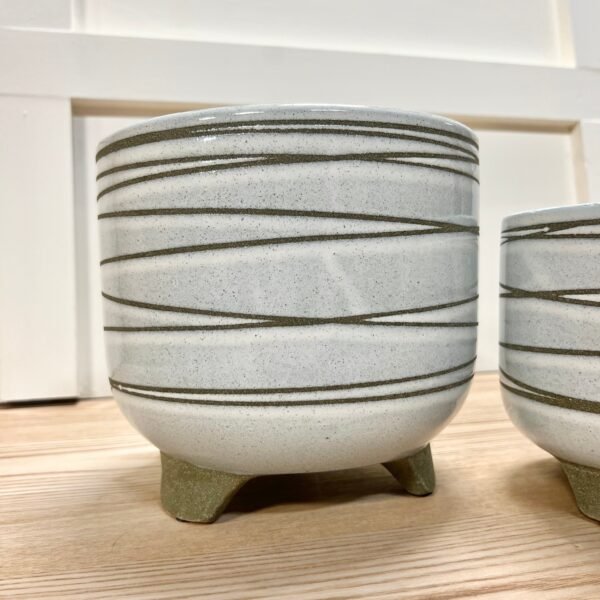 Sage Green Striped Footed Planters - Set of 2 - Image 2