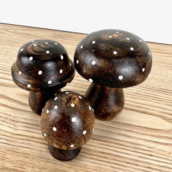 Brown Polka Dot Wooden Mushrooms, 3 sizes available - Image 2